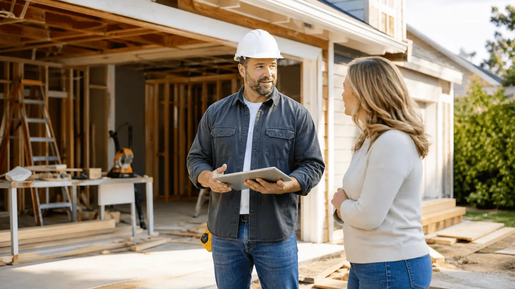 General contractor and building owner reviewing a window installation on a job site
